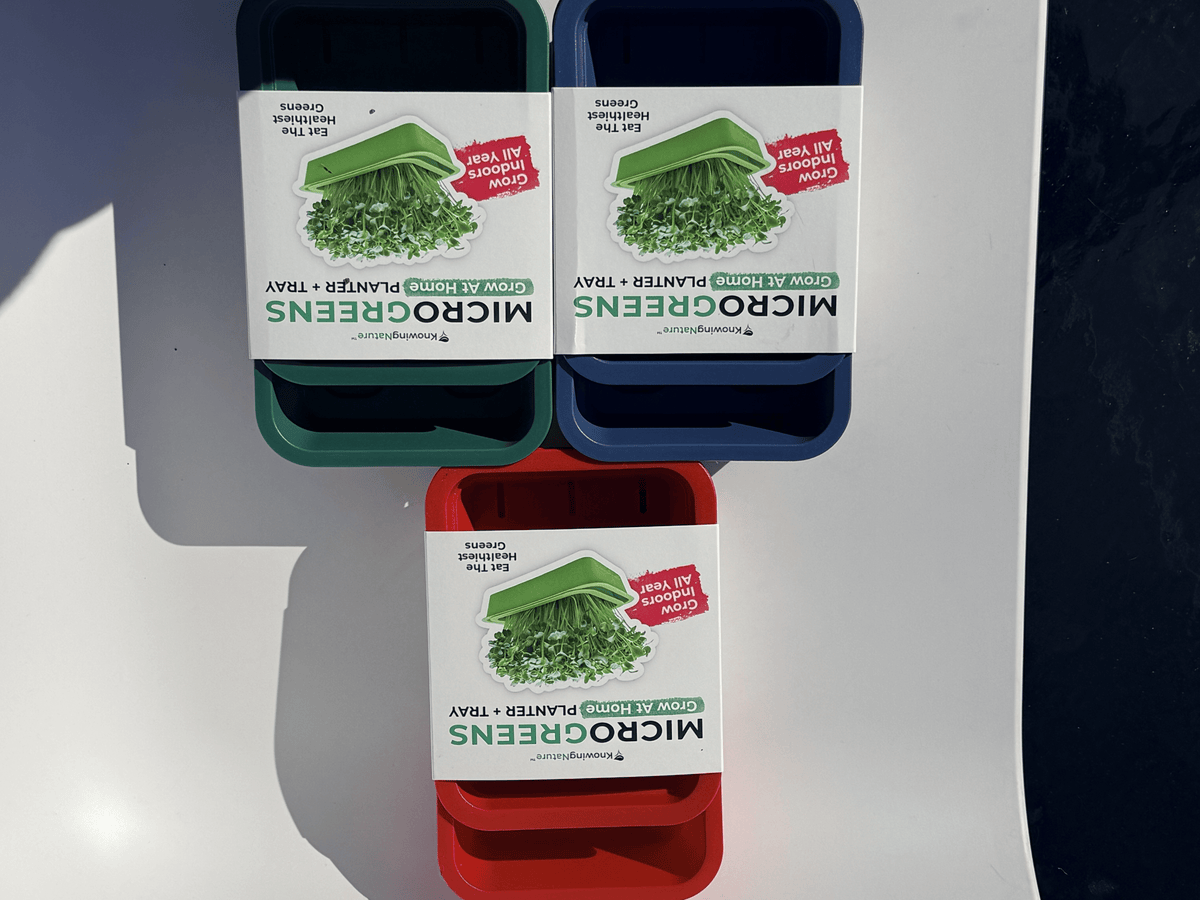 Knowing Nature windowsill self-watering microgreens tray with built-in watering system for easy indoor gardening.