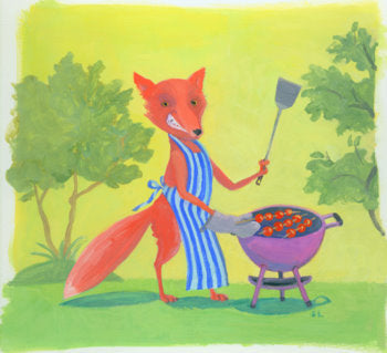 Sly grilling fox by Pack Artist Deb Lucke.