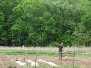 Ken raking beds in the back field.